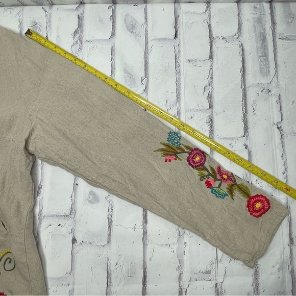 Caite Embroidered Linen Jacket Size L Floral Utility Boho Pockets Button Western - Picture 5 of 8